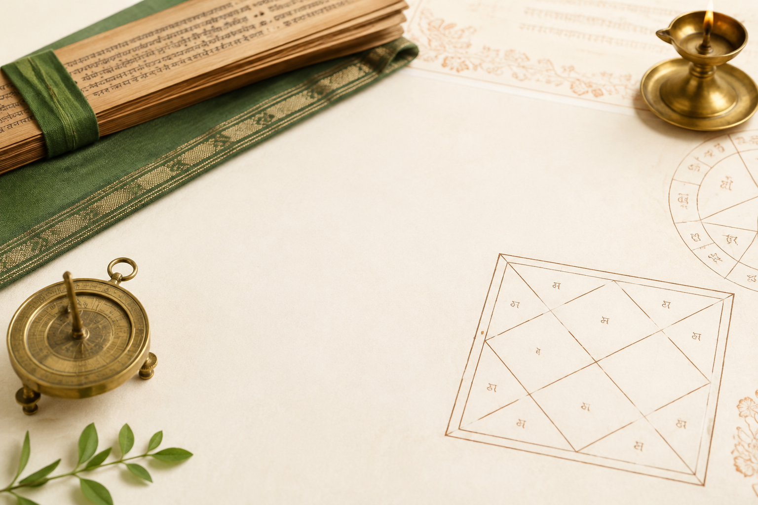 Jyotisha study desk with Vedic horoscope charts and muted green manuscript accents
